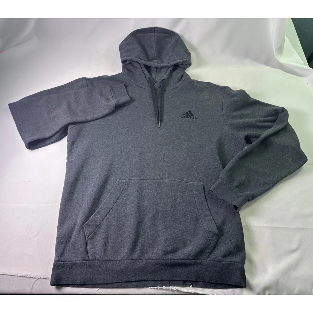 Adidas Mens Medium Charcoal Gray Pullover Hoodie Trefoil‎ Logo Fleece Sweatshirt